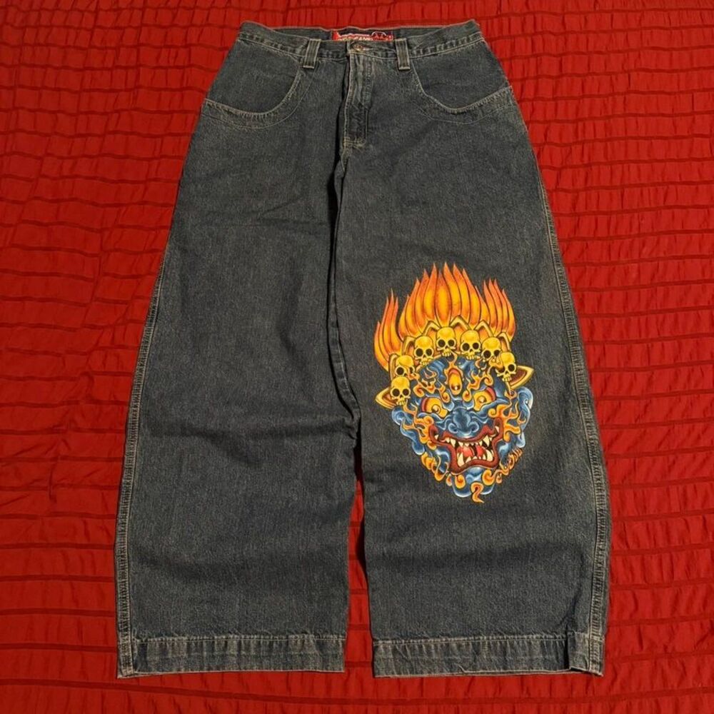 Vintage 90s JNCO Jeans Tribals Tiki Baggy Fit Denim Doubel Graphic Denim Jeans